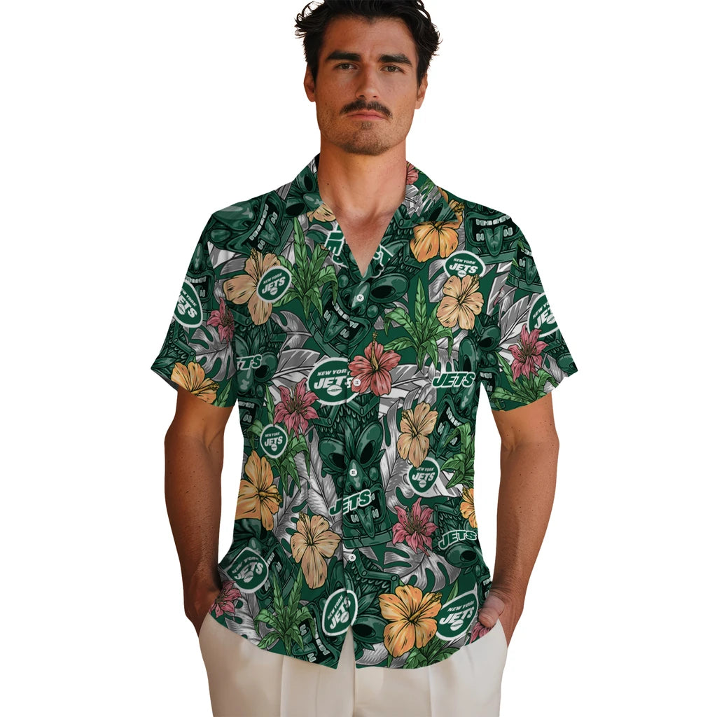 New York Jets Hawaiian Shirt - Hibiscus Tiki Jungle | Hula Hawaiian Shirts