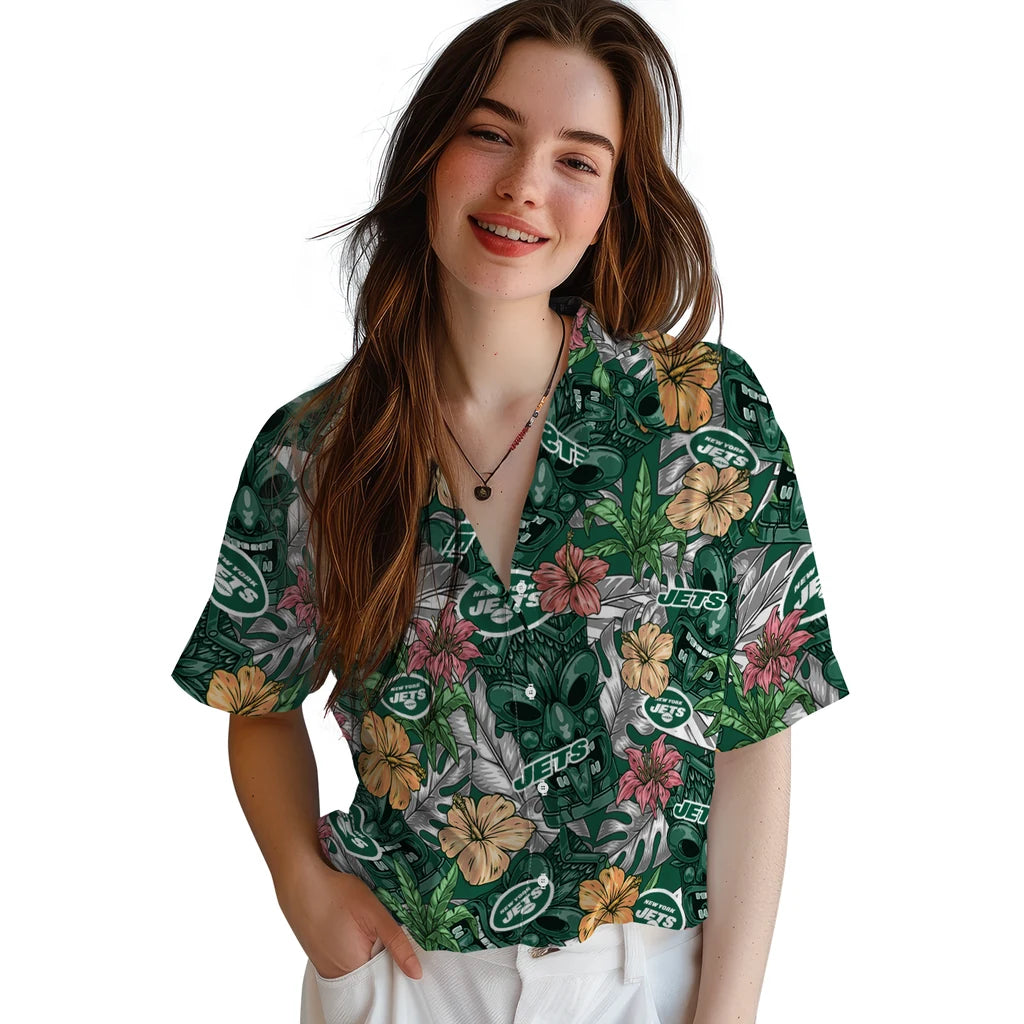 New York Jets Hawaiian Shirt - Hibiscus Tiki Jungle | Hula Hawaiian Shirts