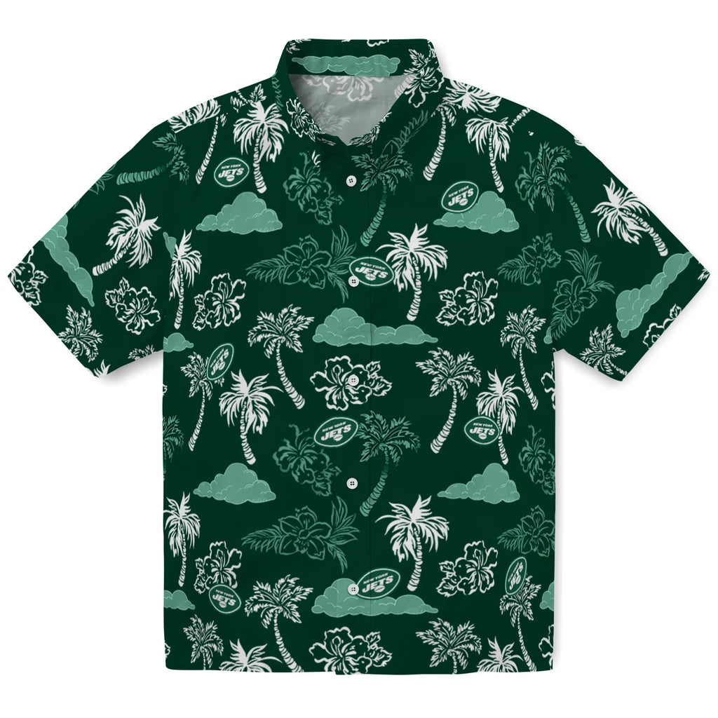 New York Jets Hawaiian Shirt - Palm And Clouds | Hula Hawaiian Shirts