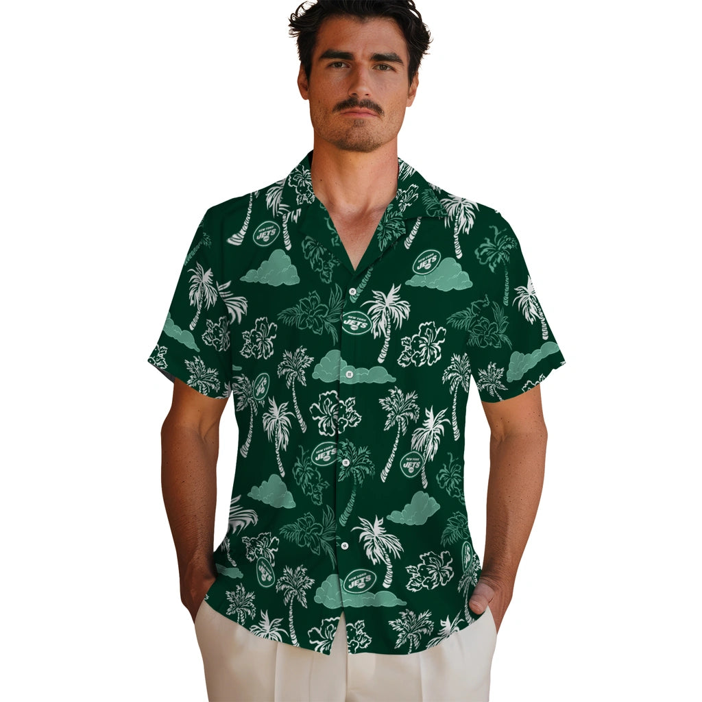 New York Jets Hawaiian Shirt - Palm And Clouds | Hula Hawaiian Shirts