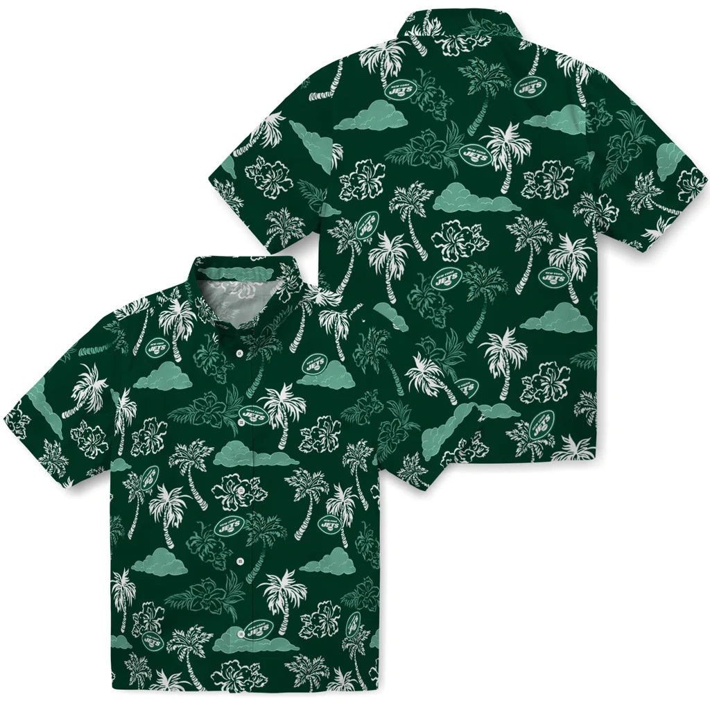 New York Jets Hawaiian Shirt - Palm And Clouds | Hula Hawaiian Shirts