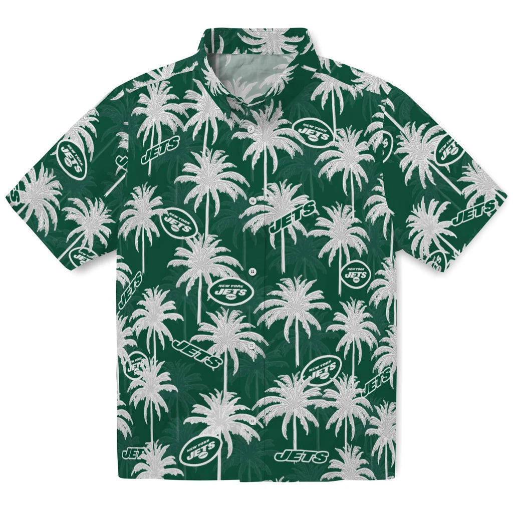 New York Jets Hawaiian Shirt - Palm Tree Motif | Hula Hawaiian Shirts