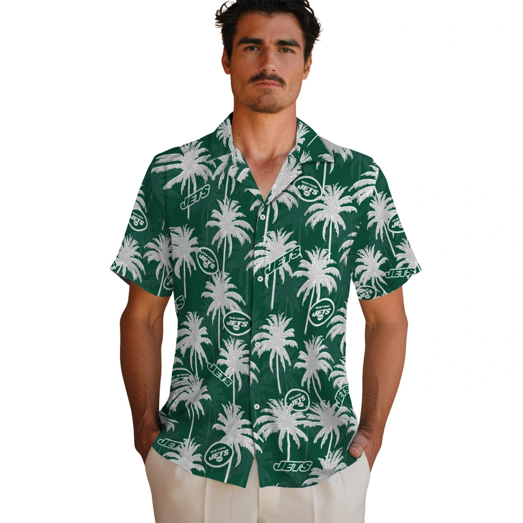 New York Jets Hawaiian Shirt - Palm Tree Motif | Hula Hawaiian Shirts
