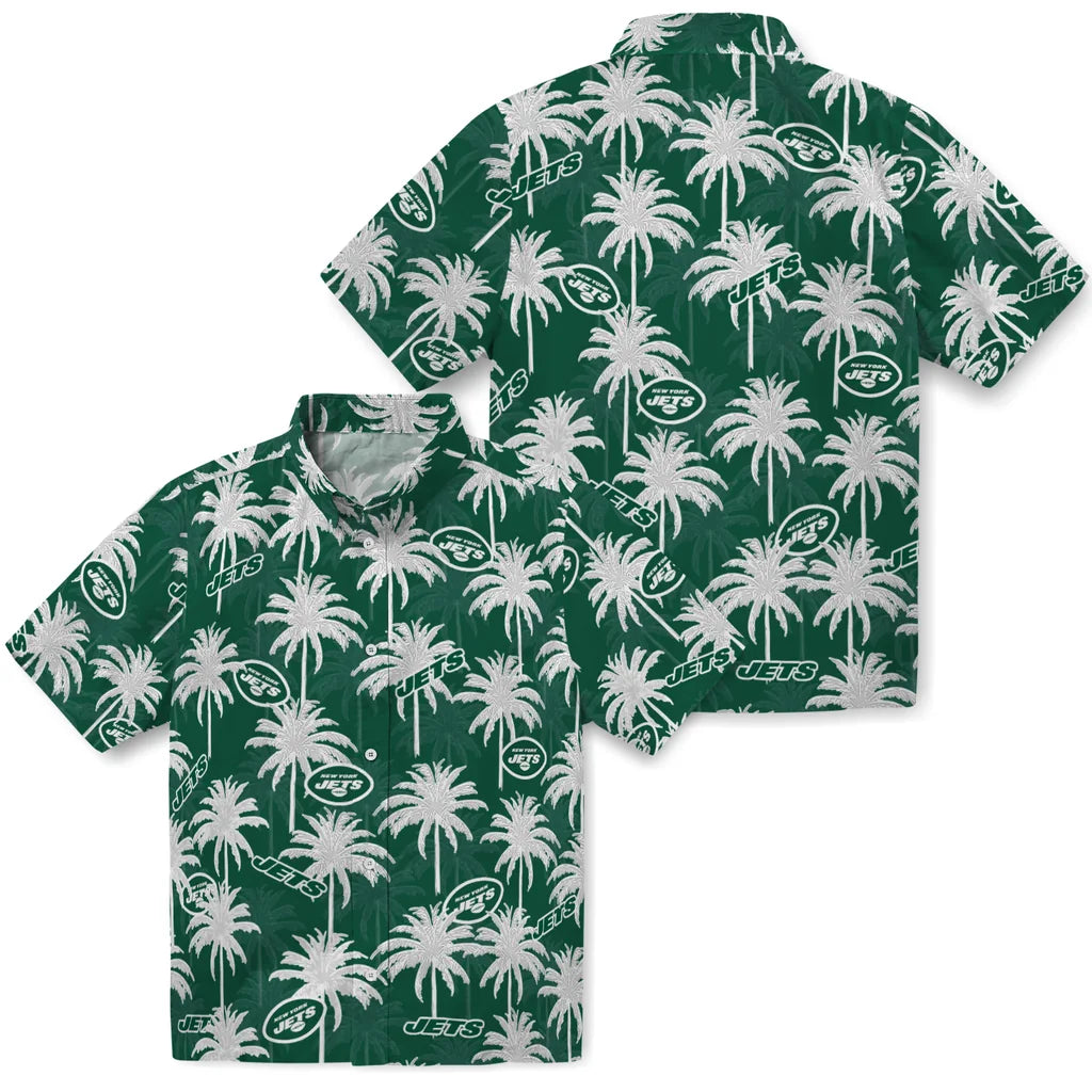 New York Jets Hawaiian Shirt - Palm Tree Motif | Hula Hawaiian Shirts