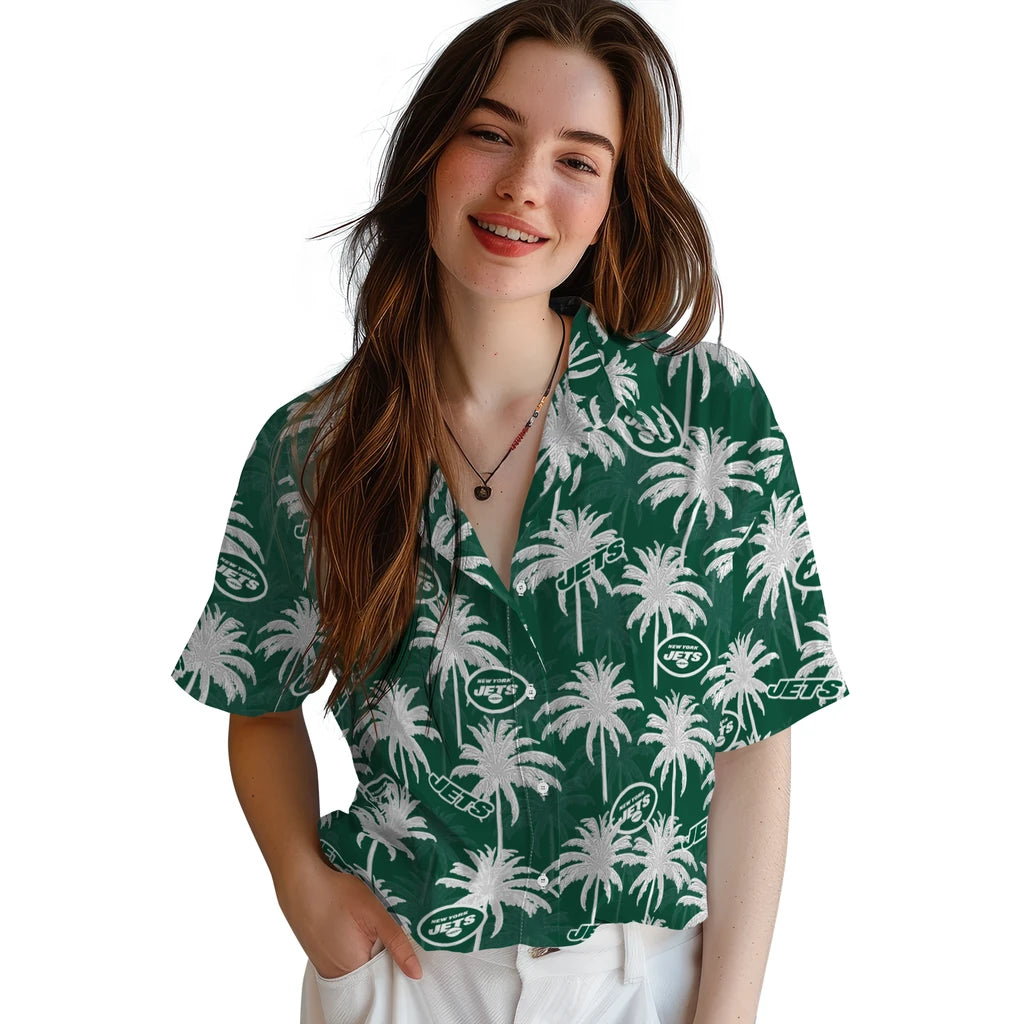New York Jets Hawaiian Shirt - Palm Tree Motif | Hula Hawaiian Shirts