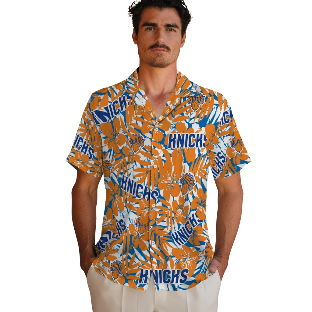 New York Knicks Hawaiian Shirt - Hibiscus Overlay | Hula Hawaiian Shirts