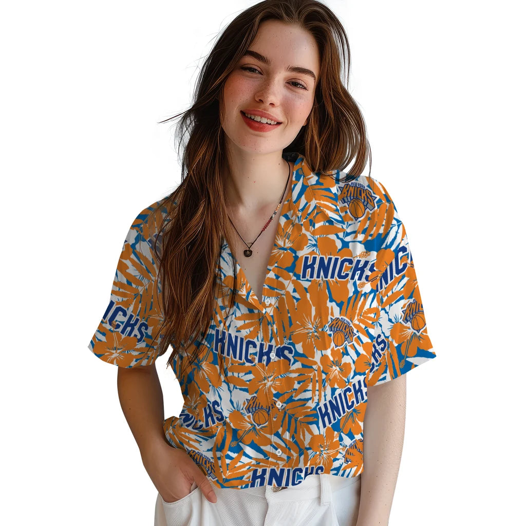 New York Knicks Hawaiian Shirt - Hibiscus Overlay | Hula Hawaiian Shirts