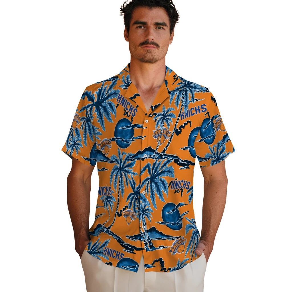 New York Knicks Hawaiian Shirt - Palm Sunset | Hula Hawaiian Shirts