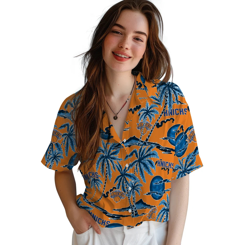 New York Knicks Hawaiian Shirt - Palm Sunset | Hula Hawaiian Shirts