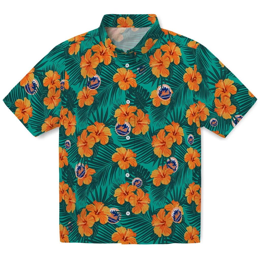 New York Mets Hawaiian Shirt - Hibiscus and Palm Leaves | Hula Hawaiian Shirts