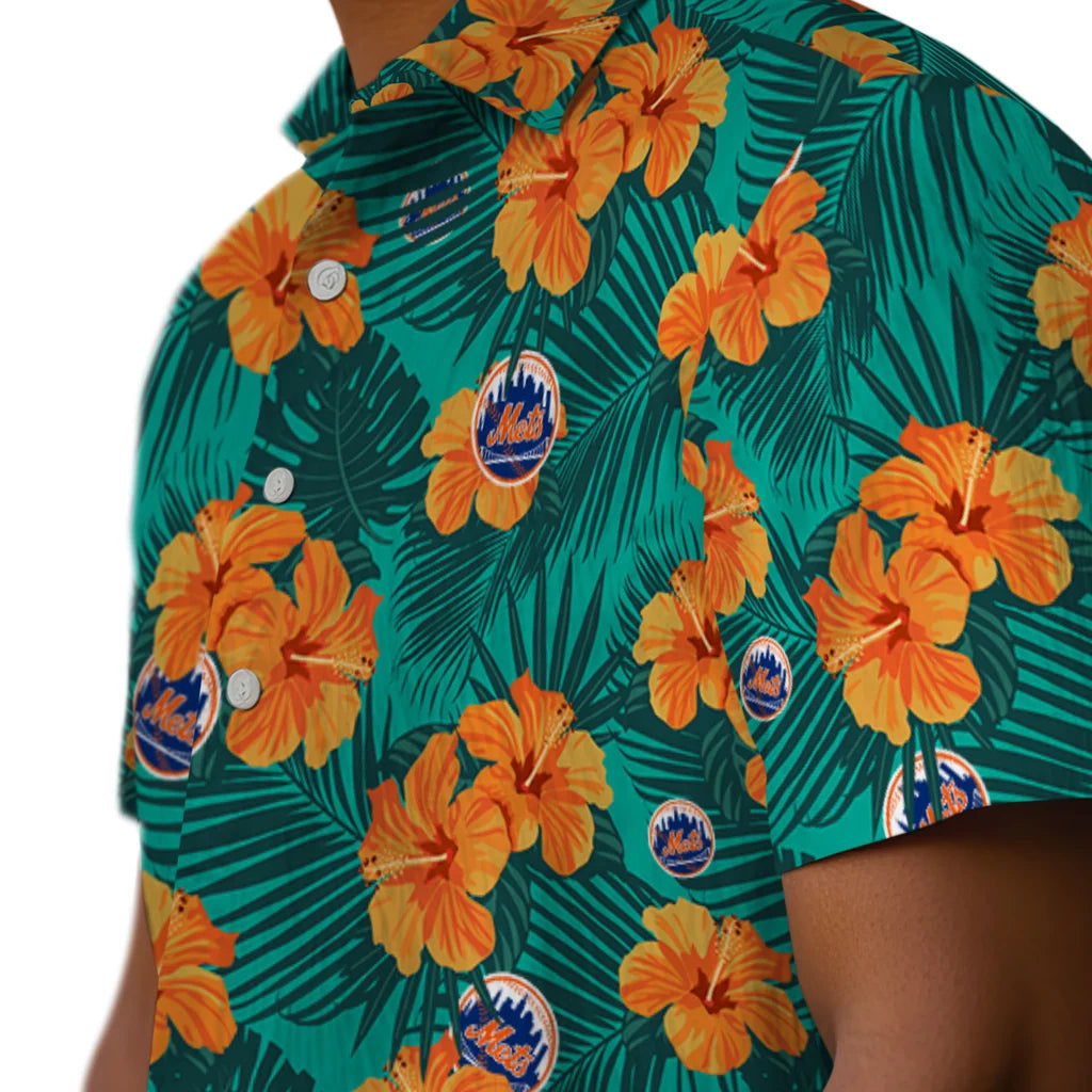 New York Mets Hawaiian Shirt - Hibiscus and Palm Leaves | Hula Hawaiian Shirts