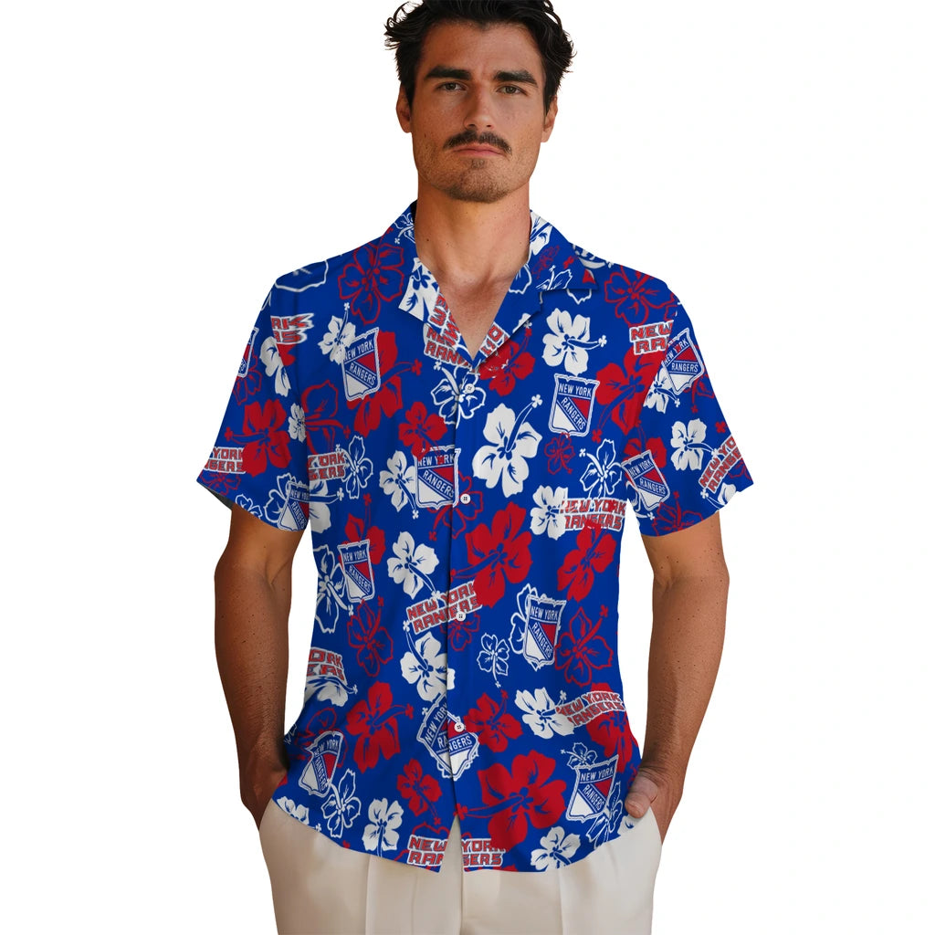 New York Rangers Hawaiian Shirt - Hibiscus Flower Design | Hula Hawaiian Shirts