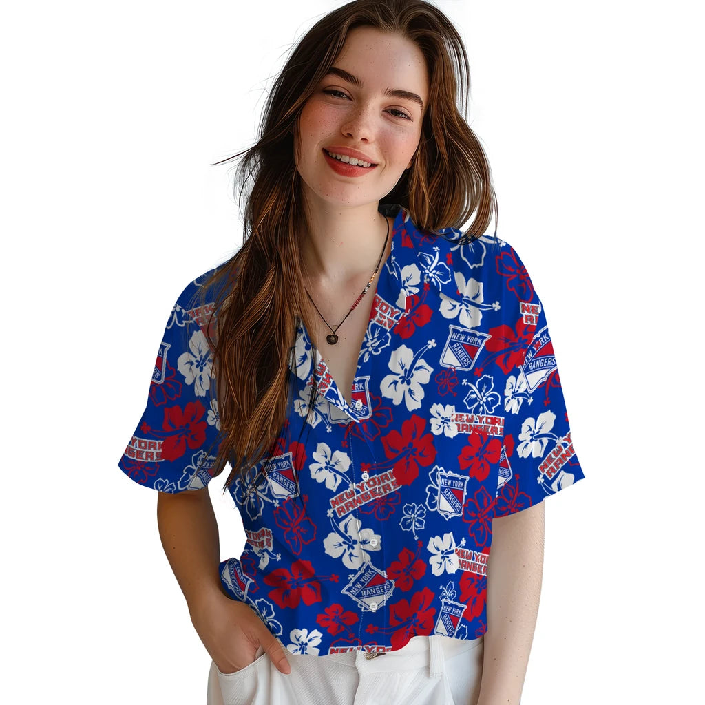 New York Rangers Hawaiian Shirt - Hibiscus Flower Design | Hula Hawaiian Shirts