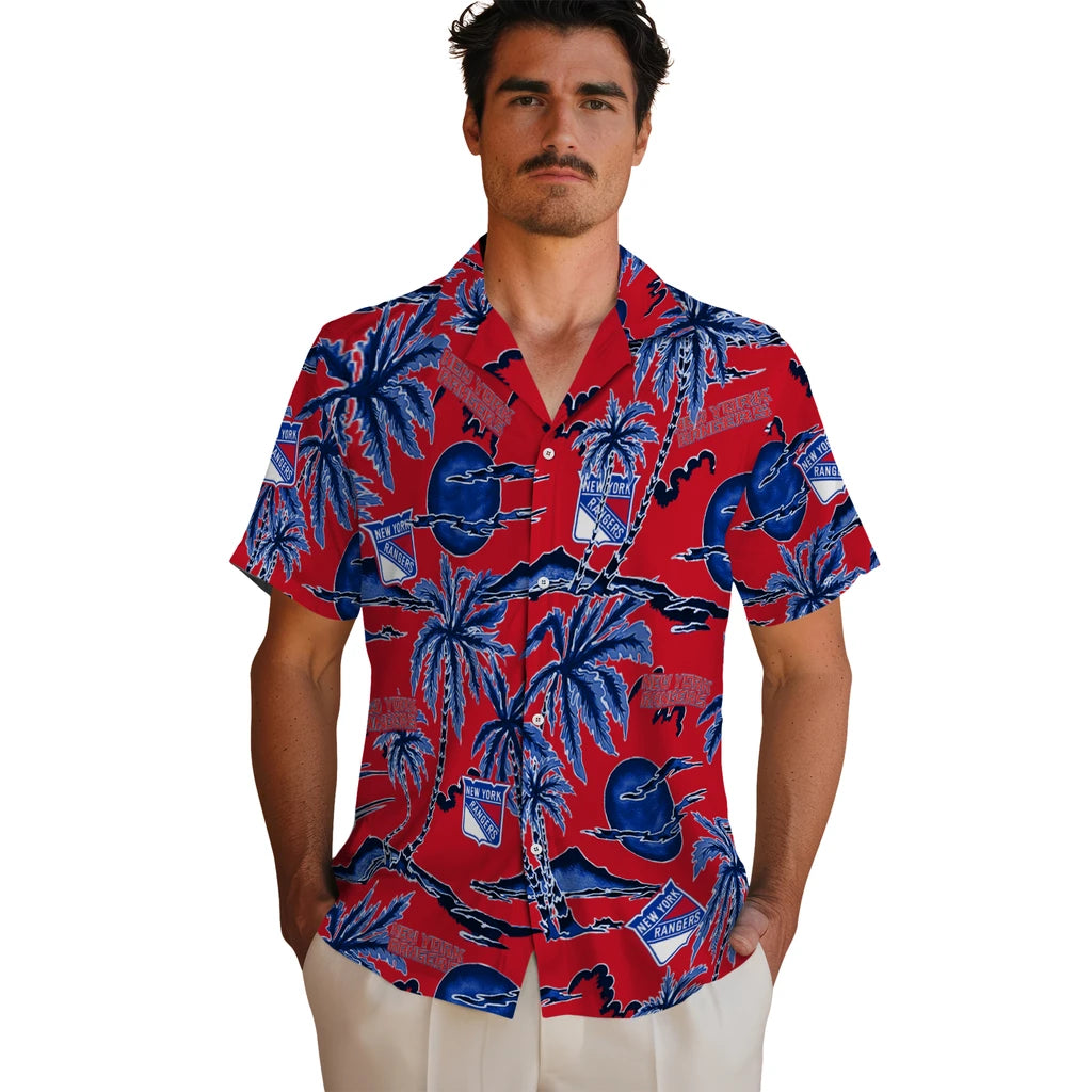New York Rangers Hawaiian Shirt - Palm Sunset | Hula Hawaiian Shirts