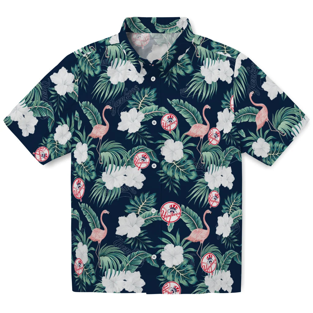 New York Yankees Hawaiian Shirt - Flamingo and Hibiscus | Hula Hawaiian Shirts