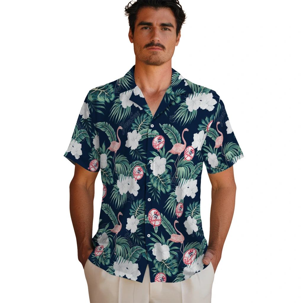 New York Yankees Hawaiian Shirt - Flamingo and Hibiscus | Hula Hawaiian Shirts