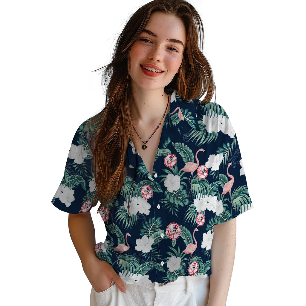 New York Yankees Hawaiian Shirt - Flamingo and Hibiscus | Hula Hawaiian Shirts