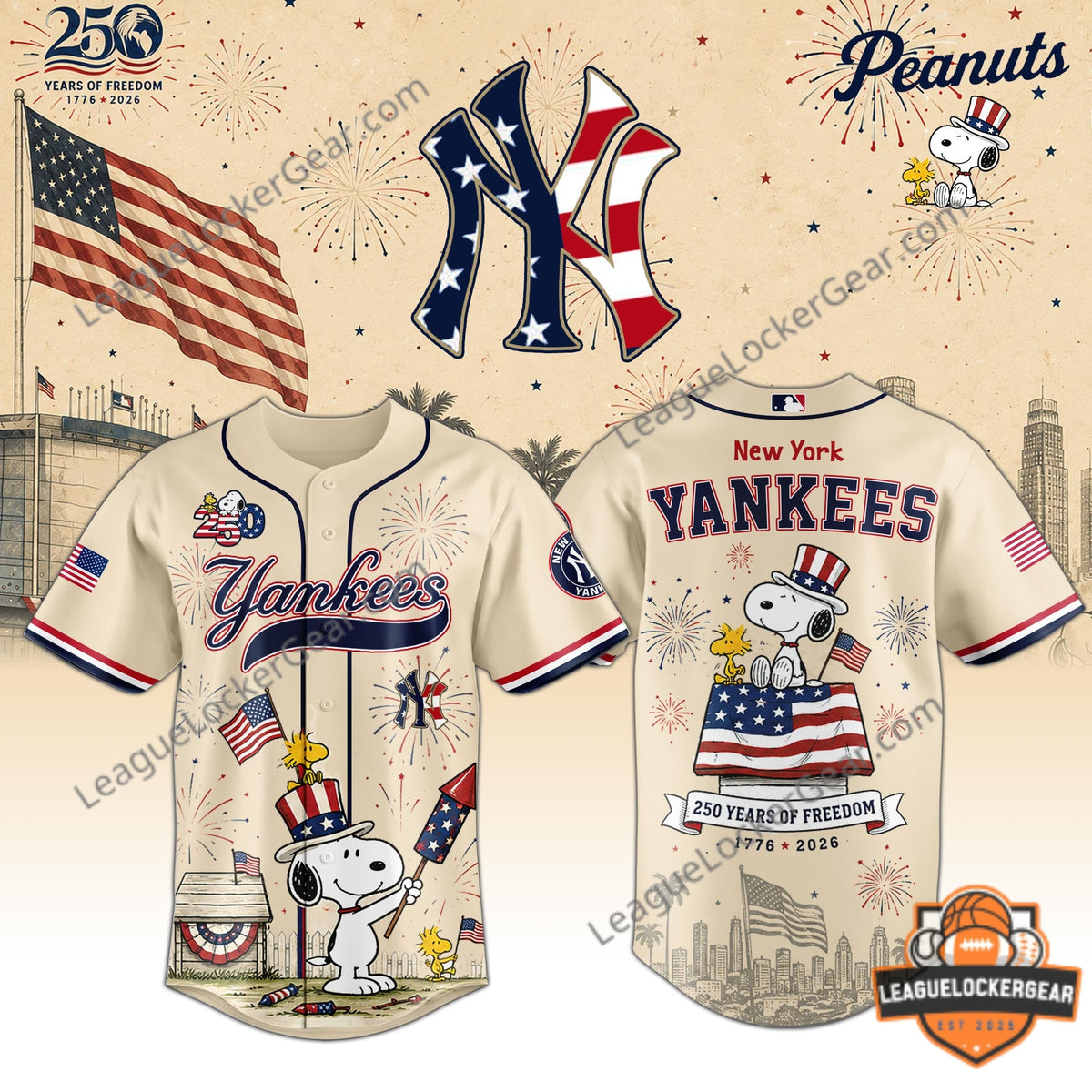 New York Yankees Peanuts America 250th Anniversary 2026 Baseball Jersey - LeagueLockerGear