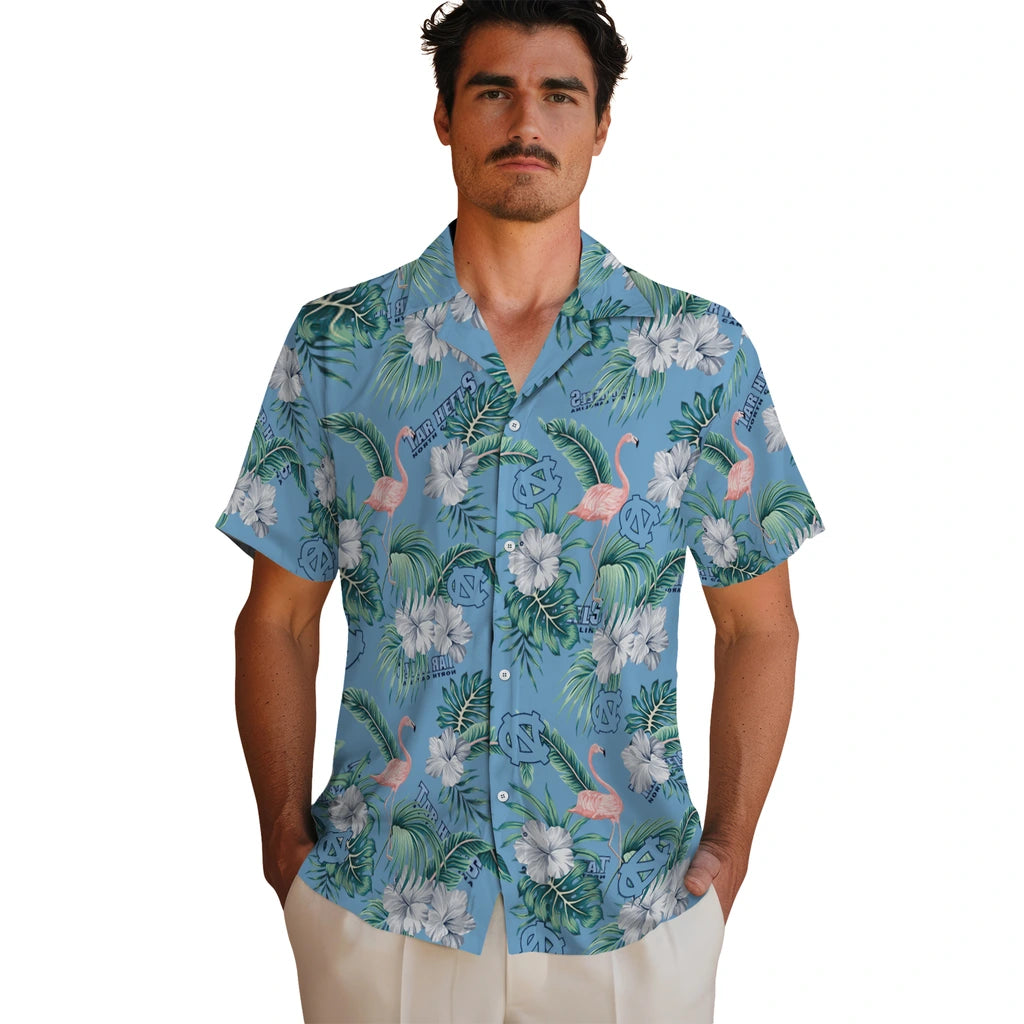 North Carolina Tar Heels Hawaiian Shirt - Flamingo and Hibiscus | Hula Hawaiian Shirts