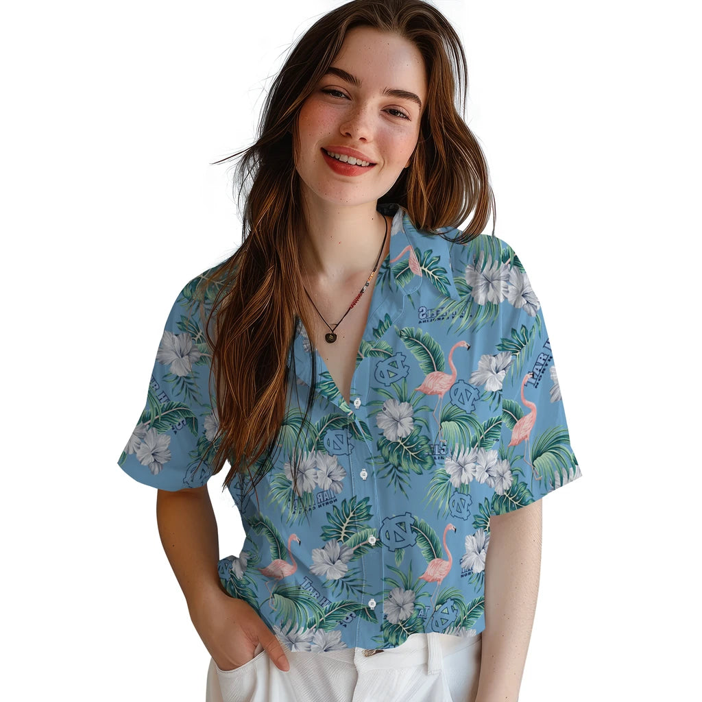 North Carolina Tar Heels Hawaiian Shirt - Flamingo and Hibiscus | Hula Hawaiian Shirts