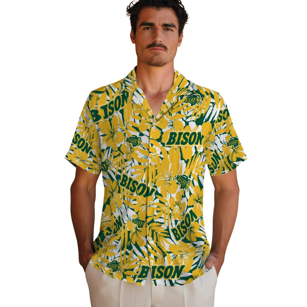 North Dakota State Bison Hawaiian Shirt - Hibiscus Overlay | Hula Hawaiian Shirts