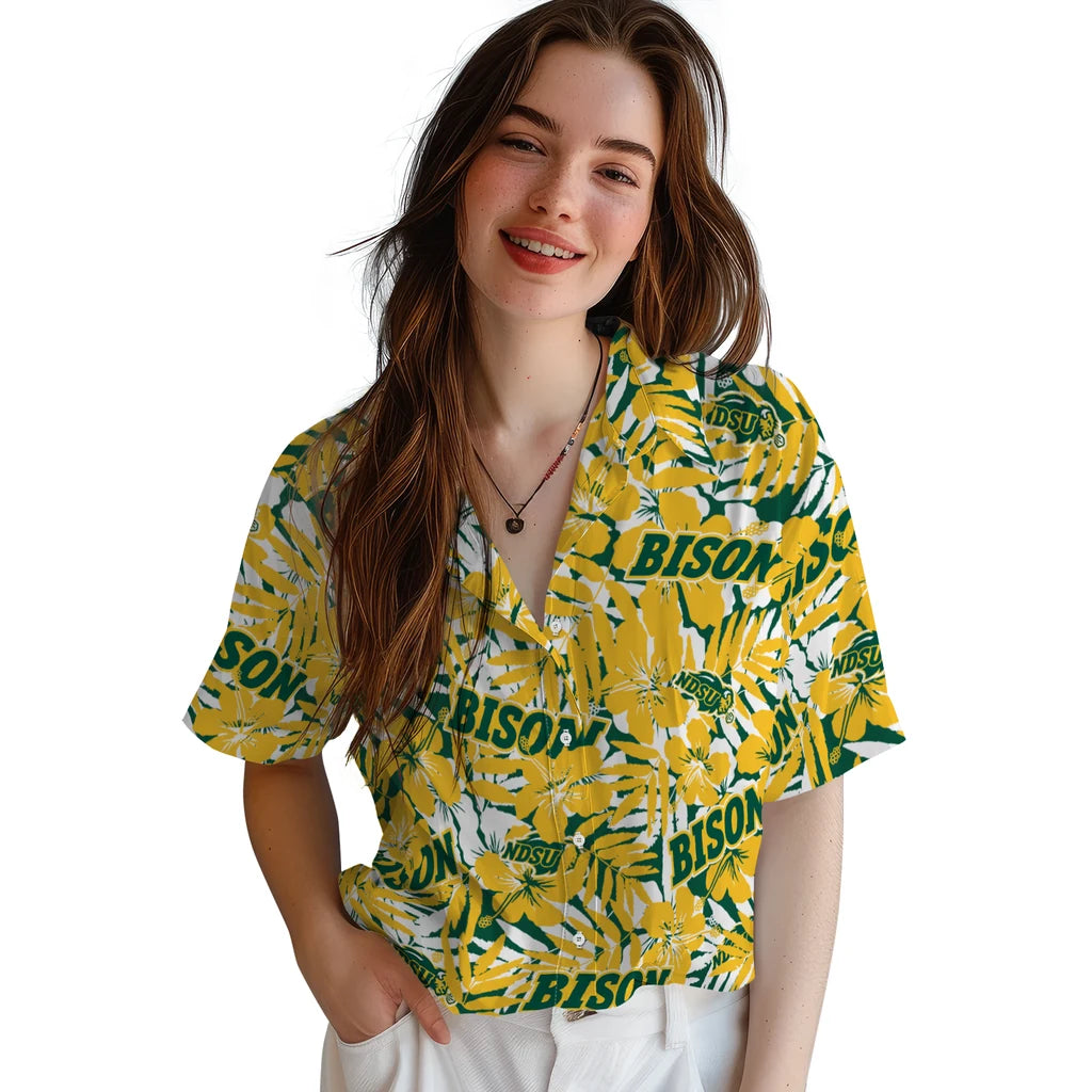 North Dakota State Bison Hawaiian Shirt - Hibiscus Overlay | Hula Hawaiian Shirts