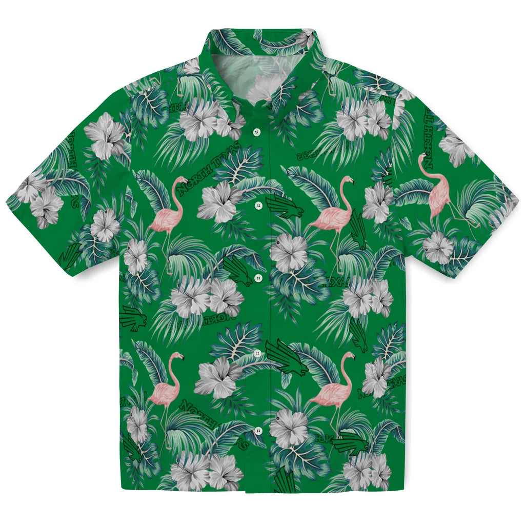 North Texas Mean Green Hawaiian Shirt - Flamingo and Hibiscus | Hula Hawaiian Shirts