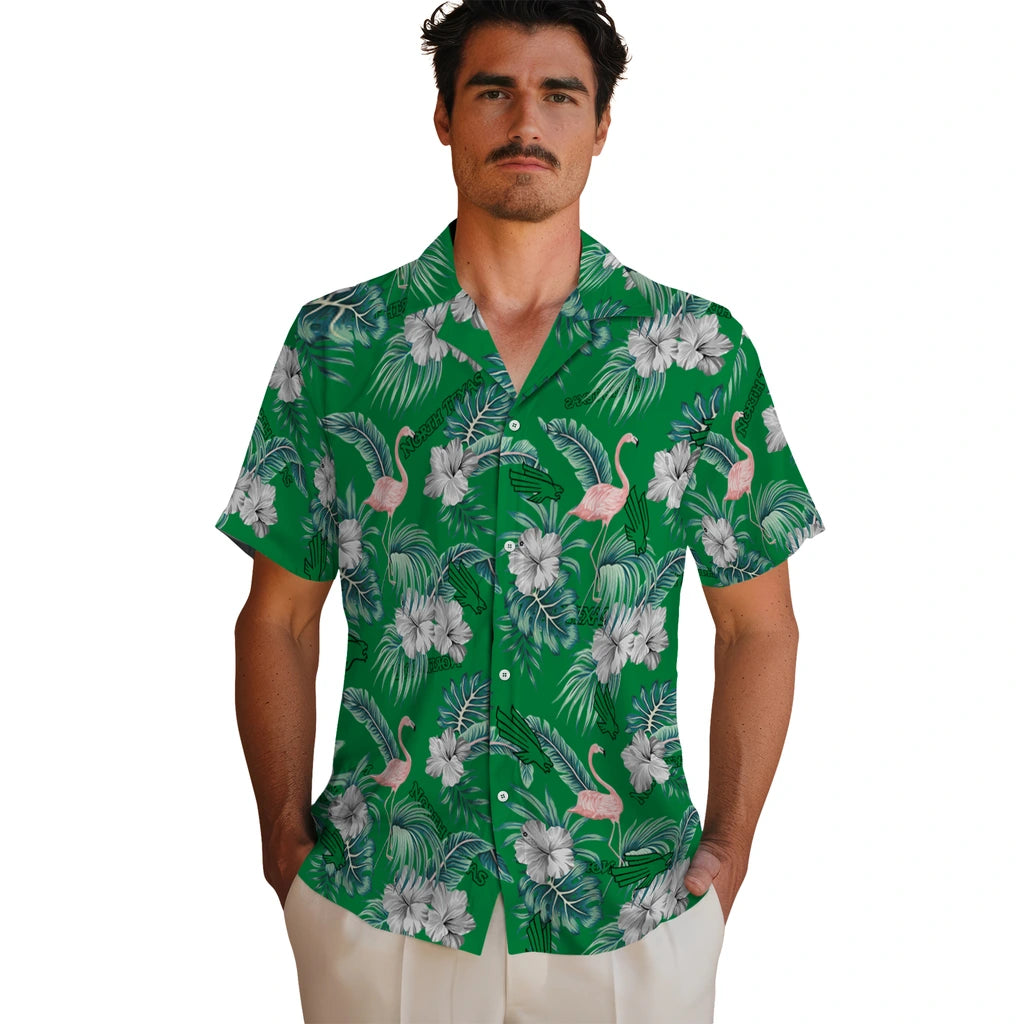 North Texas Mean Green Hawaiian Shirt - Flamingo and Hibiscus | Hula Hawaiian Shirts