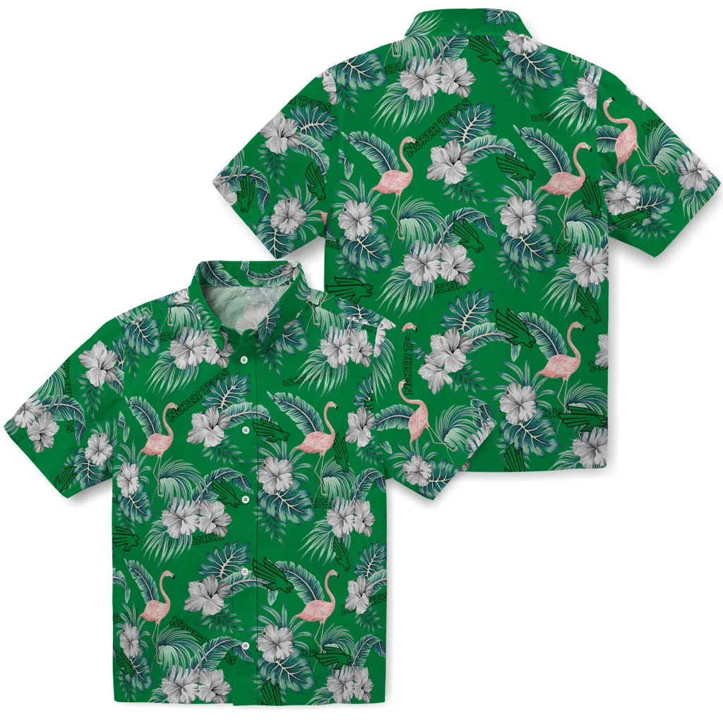 North Texas Mean Green Hawaiian Shirt - Flamingo and Hibiscus | Hula Hawaiian Shirts