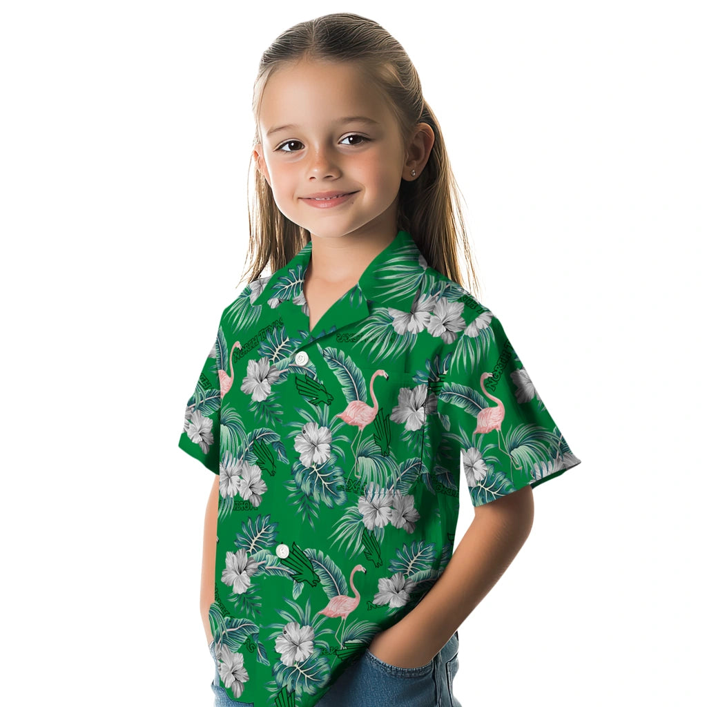 North Texas Mean Green Hawaiian Shirt - Flamingo and Hibiscus | Hula Hawaiian Shirts