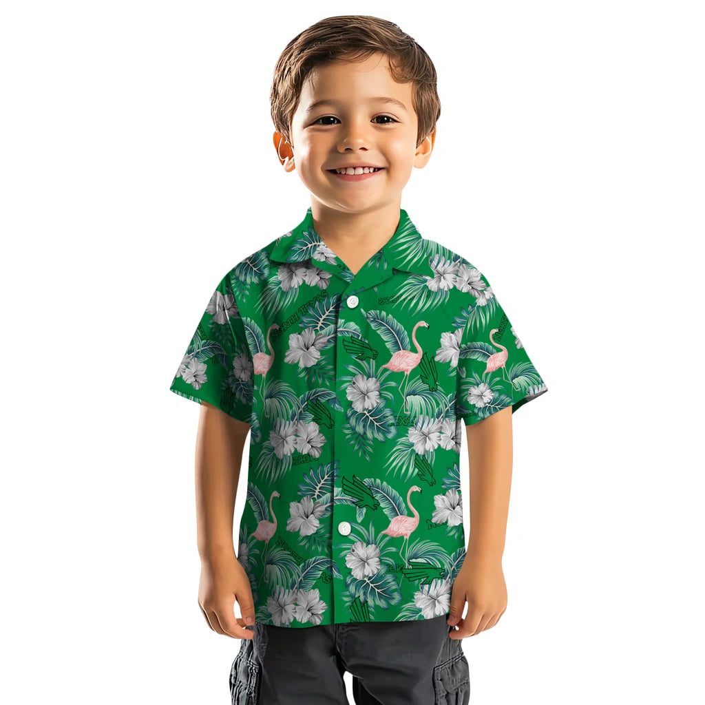 North Texas Mean Green Hawaiian Shirt - Flamingo and Hibiscus | Hula Hawaiian Shirts