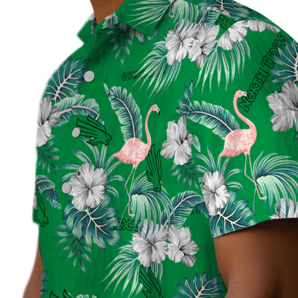 North Texas Mean Green Hawaiian Shirt - Flamingo and Hibiscus | Hula Hawaiian Shirts