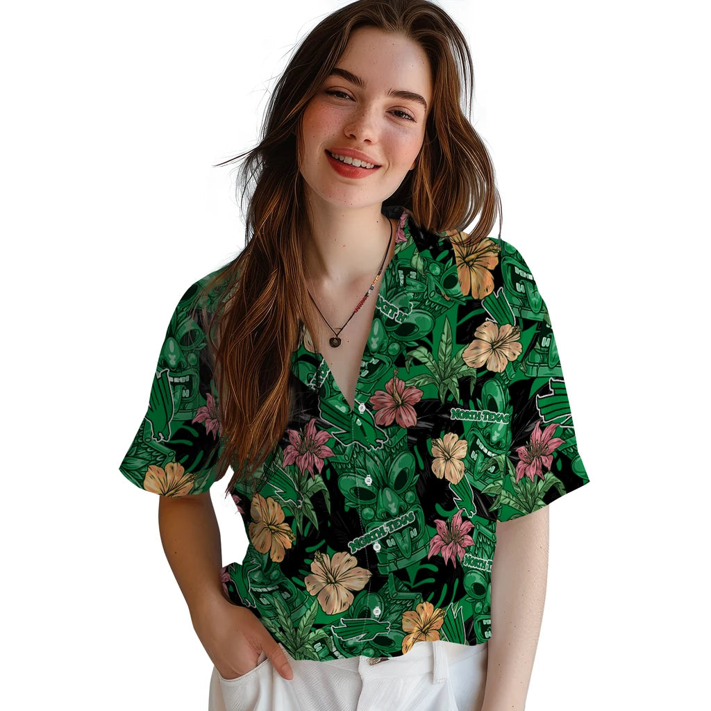 North Texas Mean Green Hawaiian Shirt - Hibiscus Tiki Jungle | Hula Hawaiian Shirts