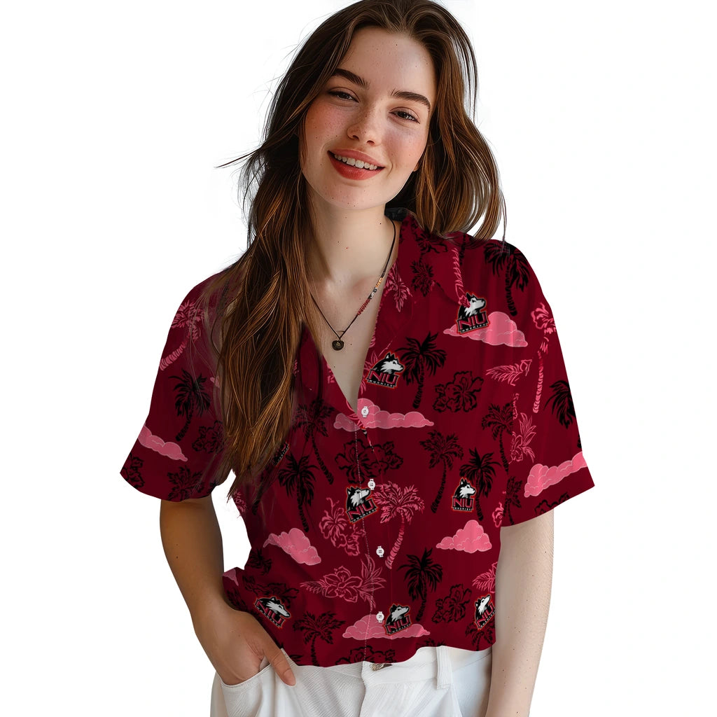 Northern Illinois Huskies Hawaiian Shirt - Palm And Clouds | Hula Hawaiian Shirts