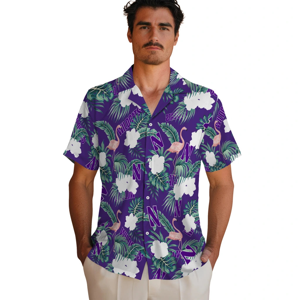 Northwestern Wildcats Hawaiian Shirt - Flamingo and Hibiscus | Hula Hawaiian Shirts