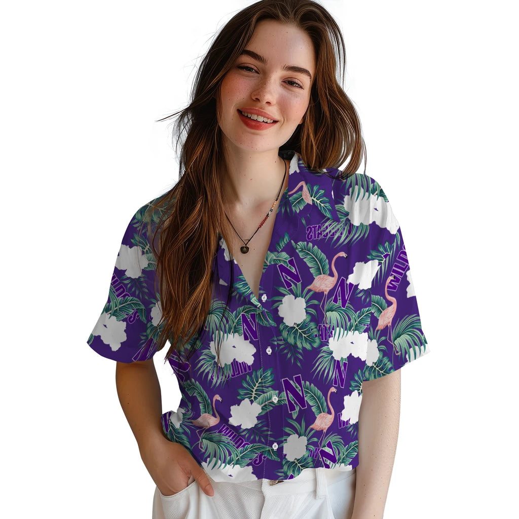 Northwestern Wildcats Hawaiian Shirt - Flamingo and Hibiscus | Hula Hawaiian Shirts