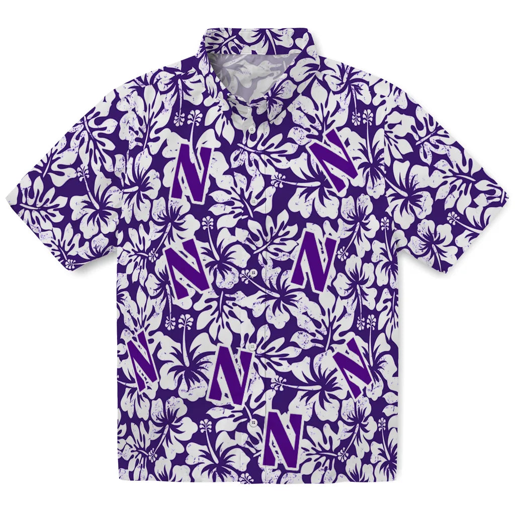 Northwestern Wildcats Hawaiian Shirt - Hibiscus Motif | Hula Hawaiian Shirts
