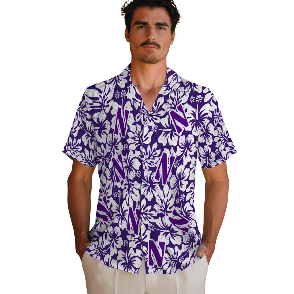 Northwestern Wildcats Hawaiian Shirt - Hibiscus Motif | Hula Hawaiian Shirts