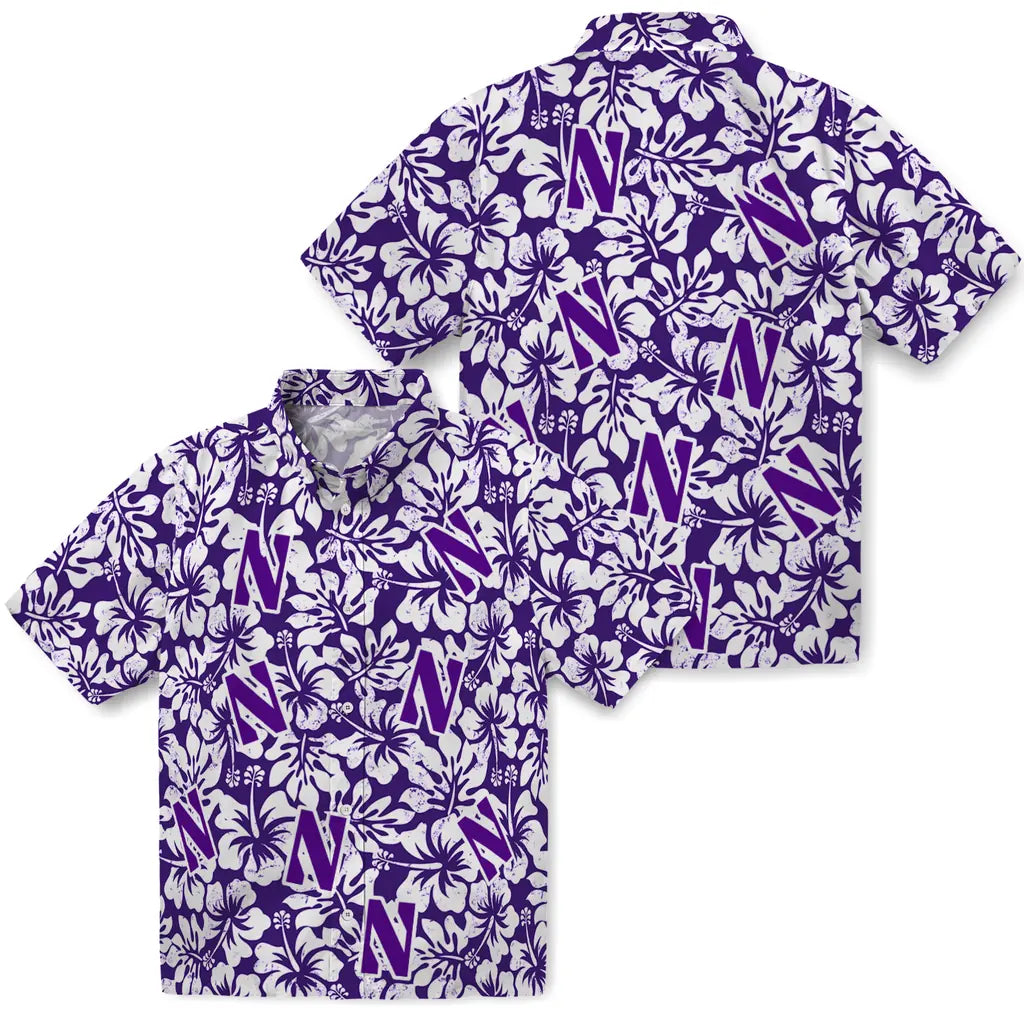 Northwestern Wildcats Hawaiian Shirt - Hibiscus Motif | Hula Hawaiian Shirts