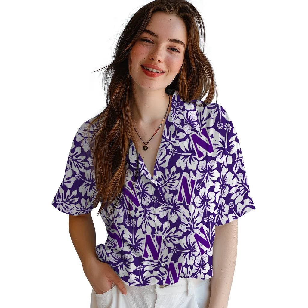 Northwestern Wildcats Hawaiian Shirt - Hibiscus Motif | Hula Hawaiian Shirts