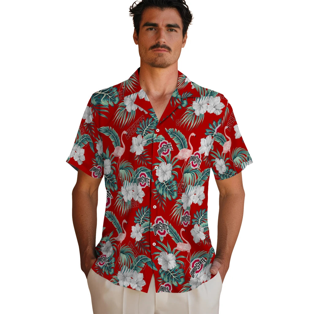 Ohio State Buckeyes Hawaiian Shirt - Flamingo and Hibiscus | Hula Hawaiian Shirts