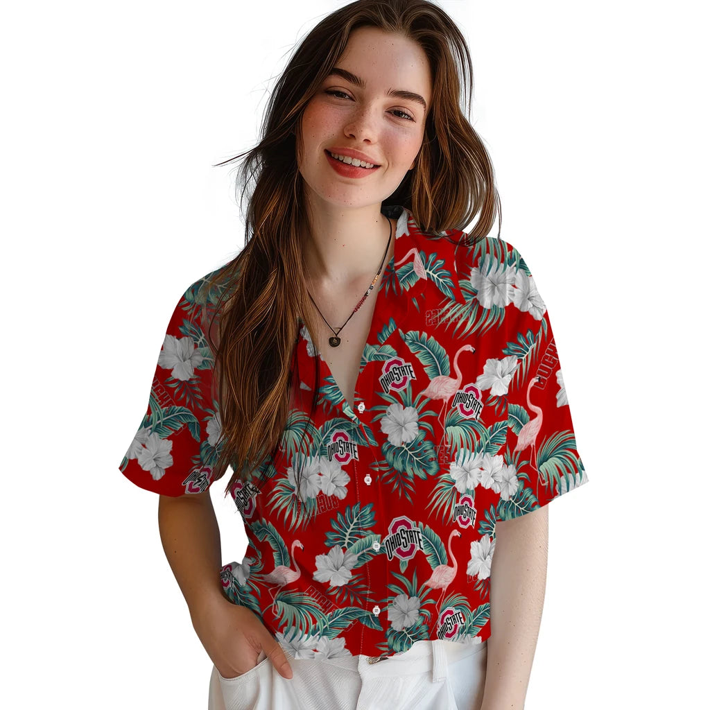 Ohio State Buckeyes Hawaiian Shirt - Flamingo and Hibiscus | Hula Hawaiian Shirts