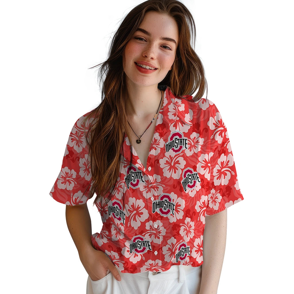 Ohio State Buckeyes Hawaiian Shirt - Hibiscus Cluster | Hula Hawaiian Shirts