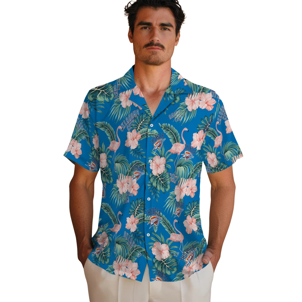 Oklahoma City Thunder Hawaiian Shirt - Flamingo and Hibiscus | Hula Hawaiian Shirts
