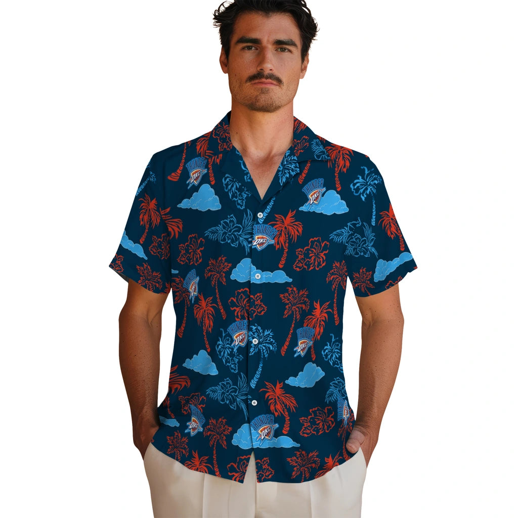Oklahoma City Thunder Hawaiian Shirt - Palm And Clouds | Hula Hawaiian Shirts