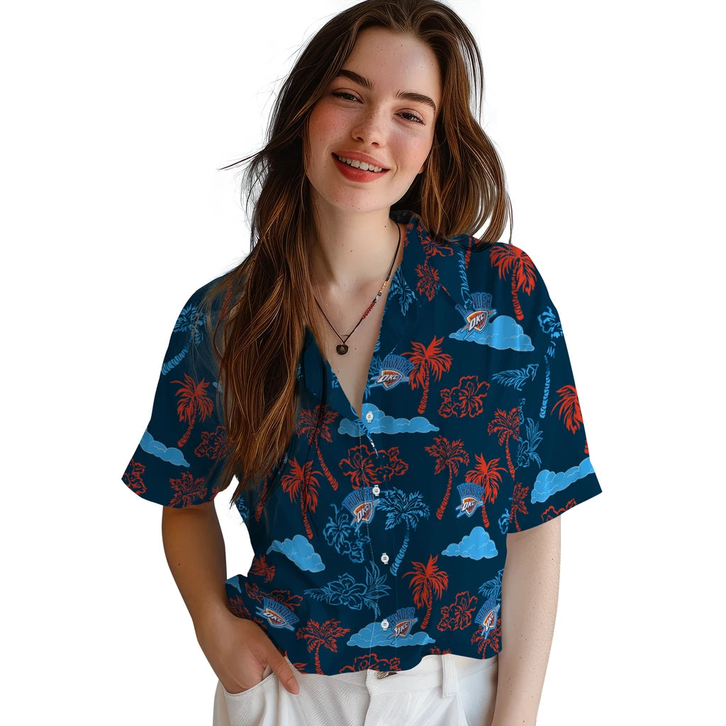 Oklahoma City Thunder Hawaiian Shirt - Palm And Clouds | Hula Hawaiian Shirts