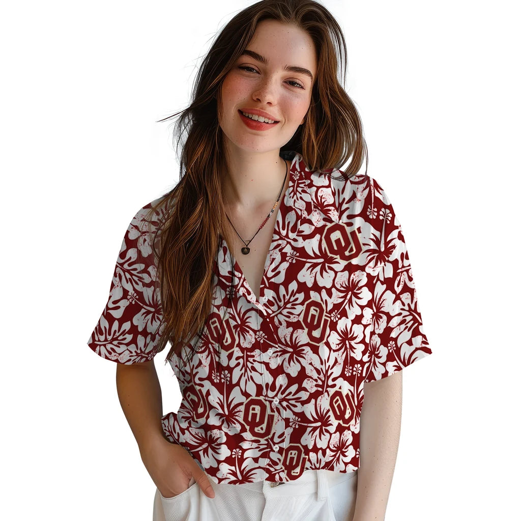 Oklahoma Sooners Hawaiian Shirt - Hibiscus Motif | Hula Hawaiian Shirts