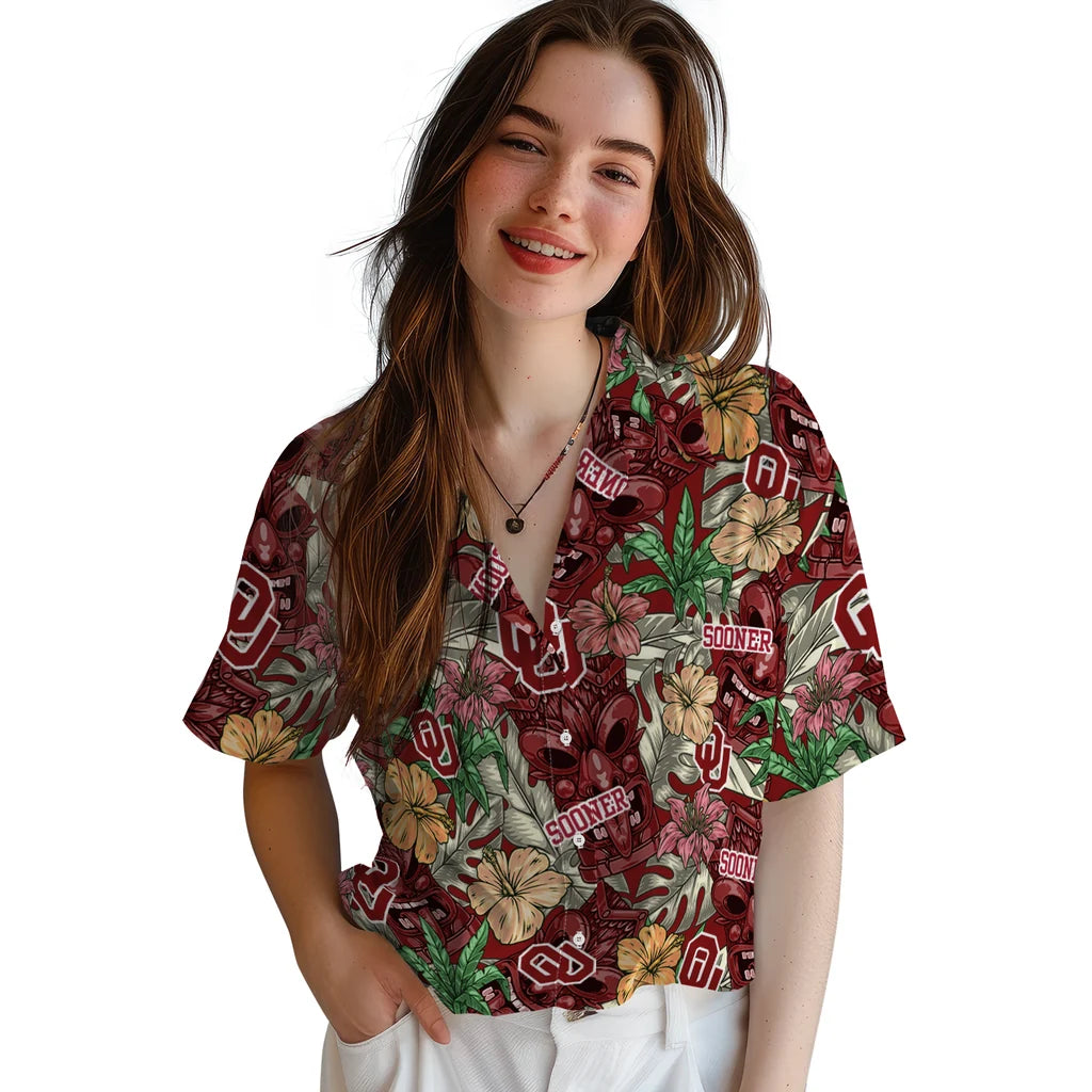 Oklahoma Sooners Hawaiian Shirt - Hibiscus Tiki Jungle | Hula Hawaiian Shirts