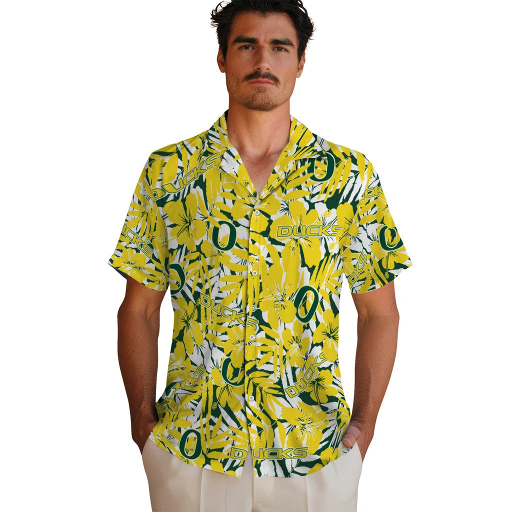Oregon Ducks Hawaiian Shirt - Hibiscus Overlay | Hula Hawaiian Shirts
