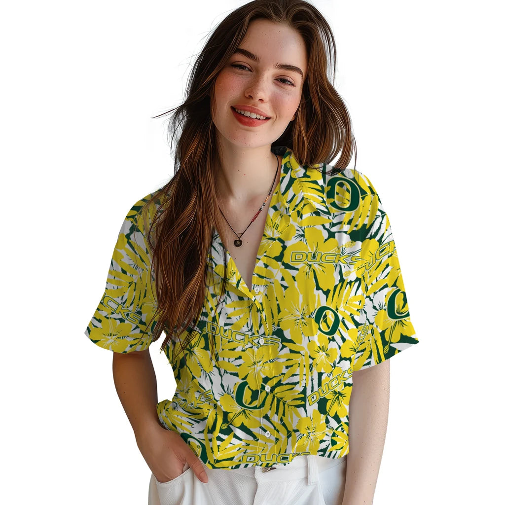 Oregon Ducks Hawaiian Shirt - Hibiscus Overlay | Hula Hawaiian Shirts